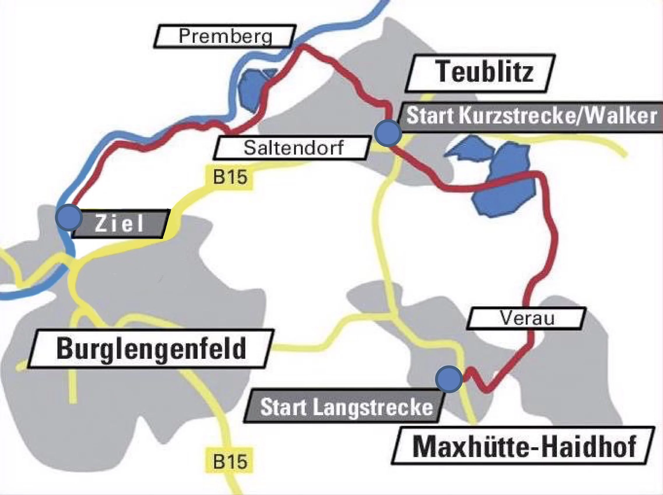 Vereinfachte Streckenkarte des 16. Städtedreieckslaufs mit markierter Laufroute zwischen Teublitz, Maxhütte-Haidhof und Burglengenfeld. Die rote Strecke führt von den Startpunkten in Teublitz und Maxhütte-Haidhof über Saltendorf und Premberg bis ins Ziel nach Burglengenfeld. Zusätzlich sind Ortsnamen, die Bundesstraße B15 sowie die Start- und Zielbereiche eingezeichnet.